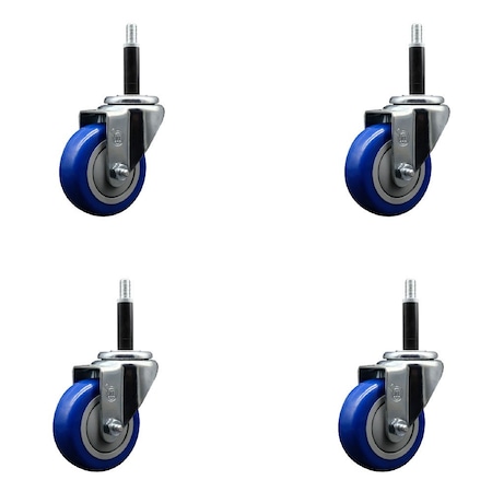 Service Caster 3.5'' Blue Poly Wheel Swivel 3/4'' Expanding Stem Caster Set, 4PK SCC-EX20S3514-PPUB-BLUE-34-4